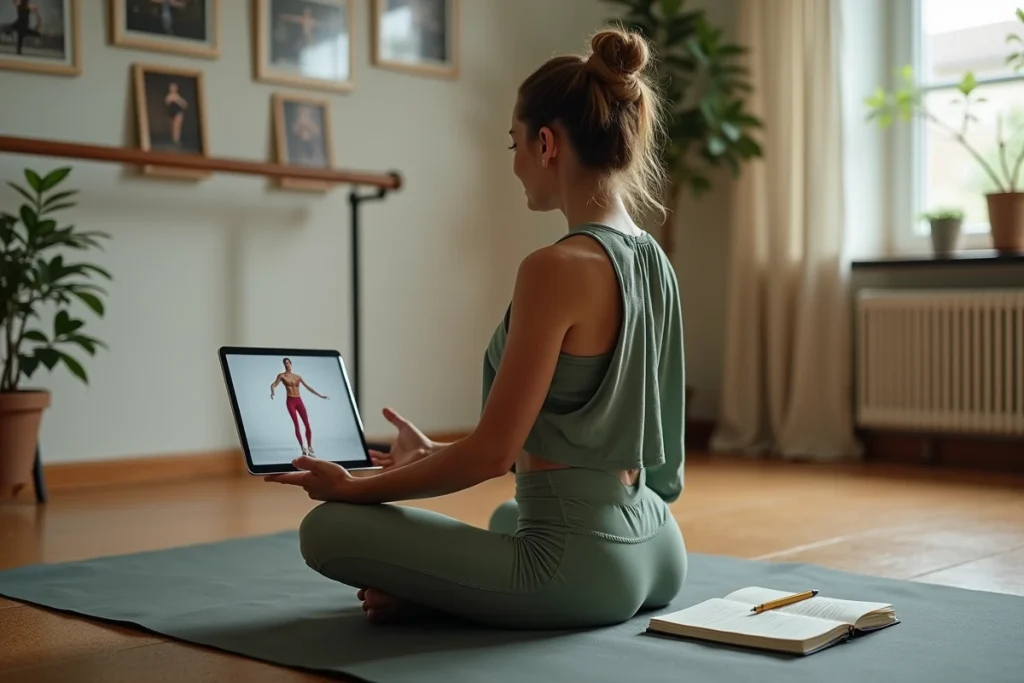 Femme étudiant le zouk par elle-même avec une tablette et des notes dans un espace pratique à domicile