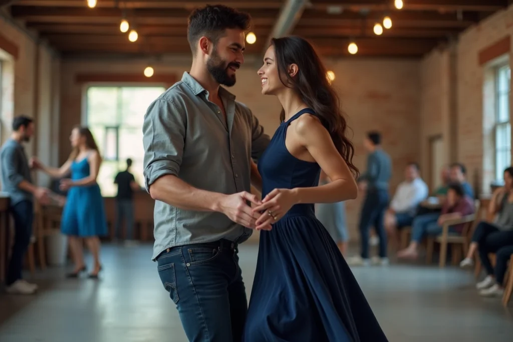 Couple dansant le zouk de manière informelle dans un espace communautaire de danse sans professeur