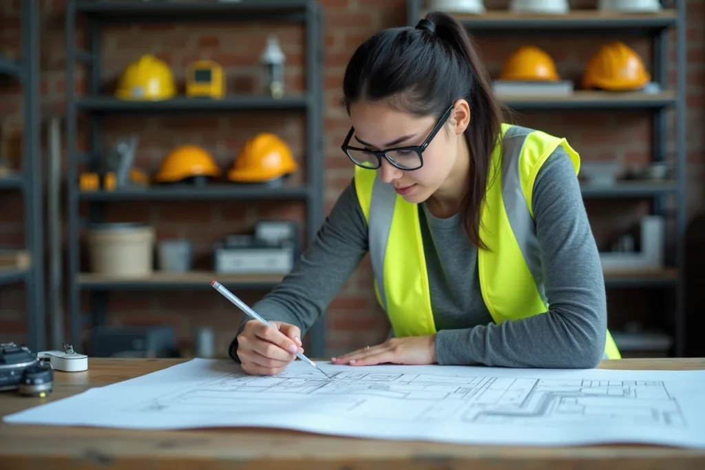 Femme stagiaire en formation BTP étudiant des plans techniques dans un atelier professionnel