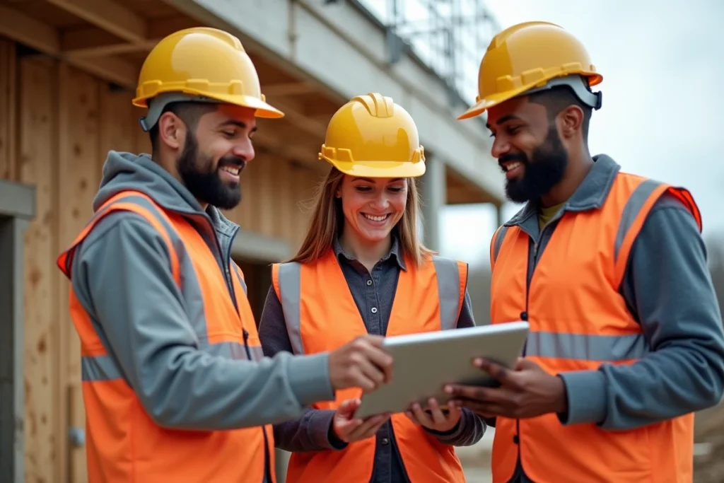 Groupe de stagiaires BTP en discussion autour d'une tablette numérique sur un chantier de construction