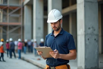 Jeune professionnel du BTP avec casque blanc et clipboard sur un chantier de construction urbain