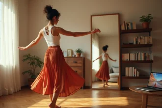 Femme pratiquant le zouk seule chez elle en regardant un tutoriel vidéo sur ordinateur