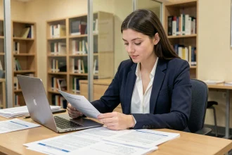 Jeune femme admise sur titre remplissant un dossier d'inscription à l'ENSAM dans un bureau administratif universitaire