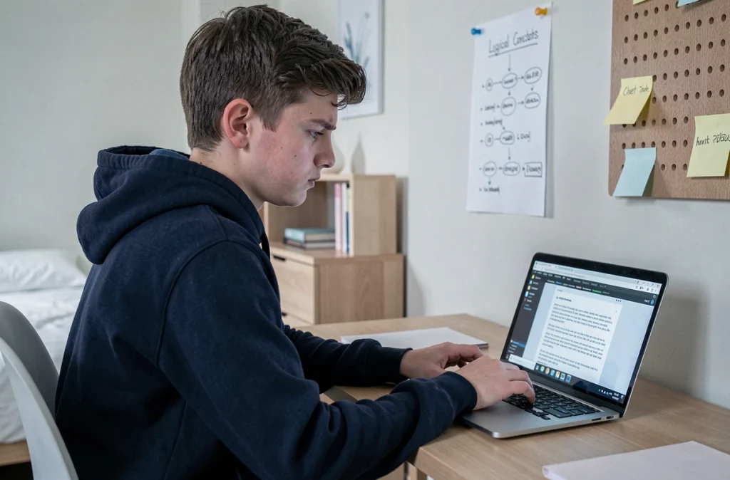 Adolescent rédigeant un texte argumentatif avec une liste de connecteurs logiques affichée au mur