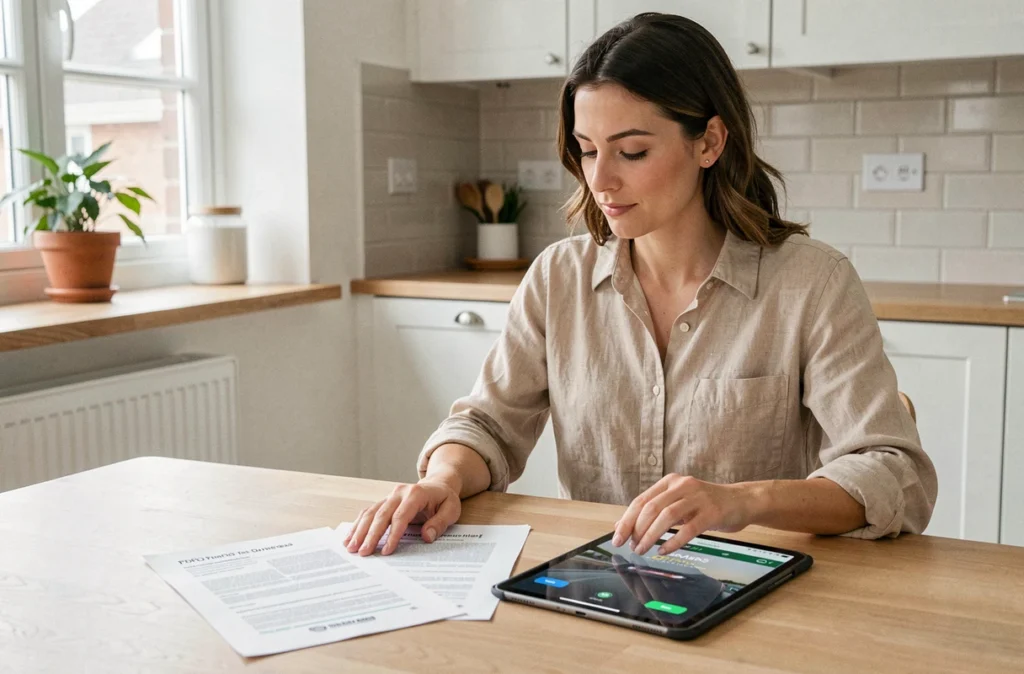 Femme comparant un document PDF imprimé et une application mobile sur tablette pour préparer le code de la route