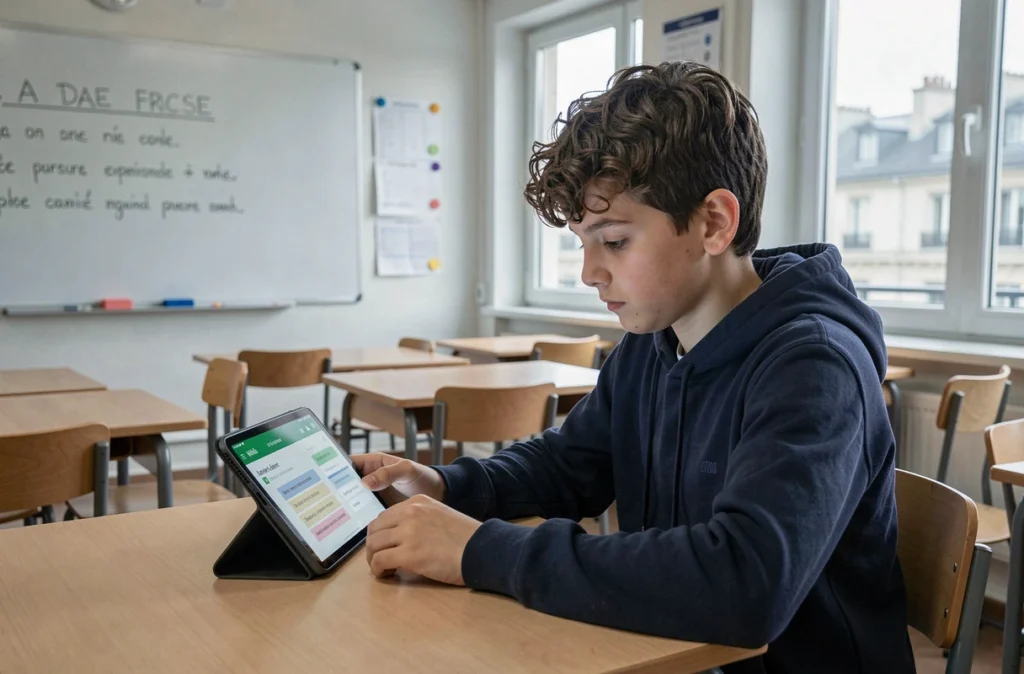 Un collégien utilise une tablette numérique pour accéder à ses devoirs sur Paris Classe Numérique dans une salle de classe moderne