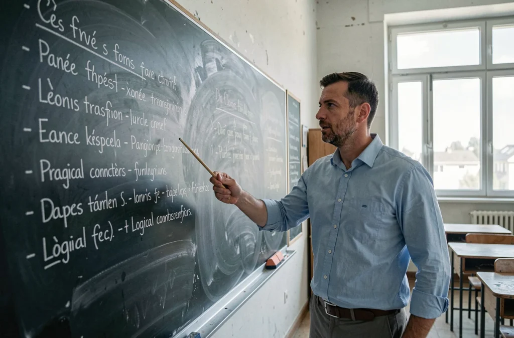 Enseignant expliquant les connecteurs logiques devant un tableau noir en classe