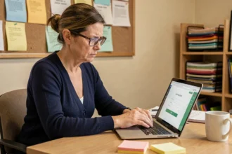 Enseignante utilisant le portail académique Id ac Versailles fr sur son ordinateur portable dans une salle de professeurs
