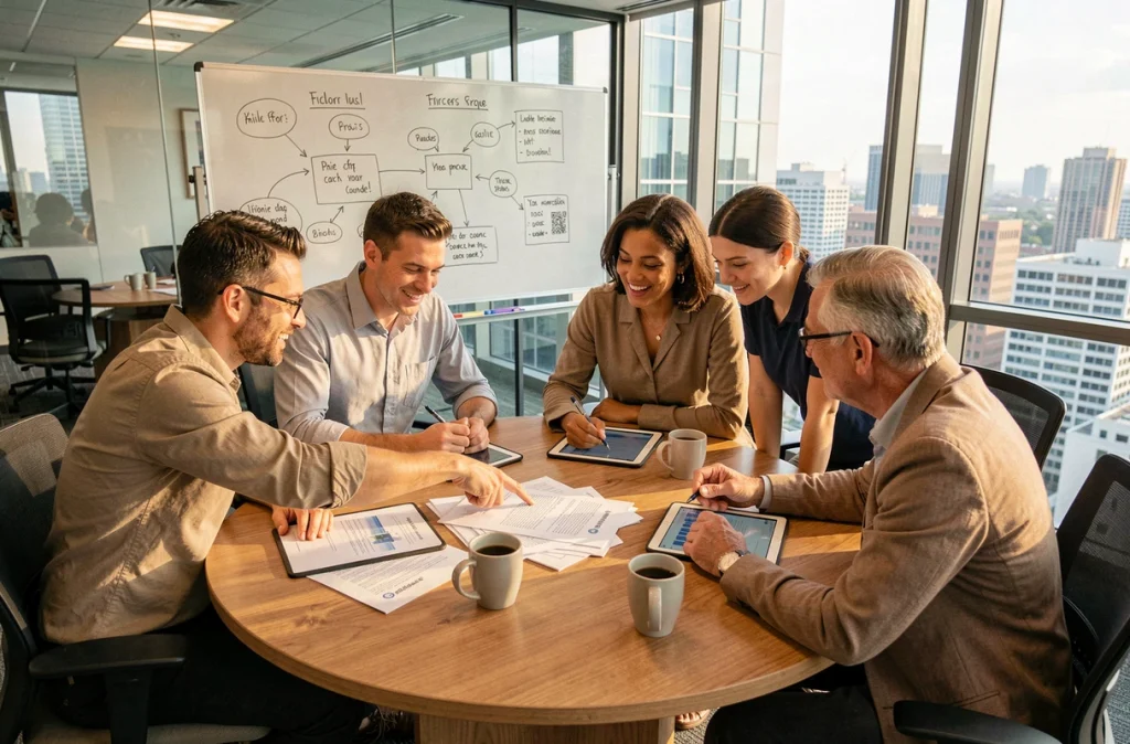 Équipe diversifiée en session de formation collective autour d'une table de réunion dans un bureau contemporain