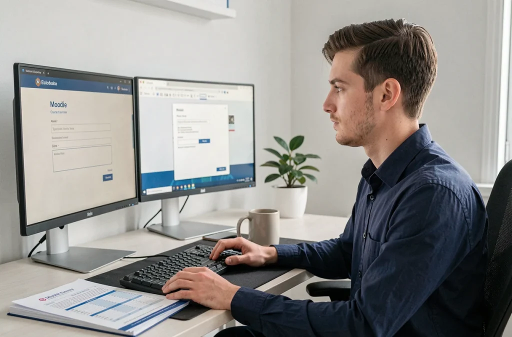 Étudiant masculin se connectant à Egreta Moodle depuis son bureau à domicile avec double écran