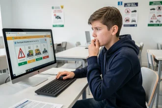 Adolescent concentré passant l'examen ASSR de sécurité routière sur ordinateur en classe