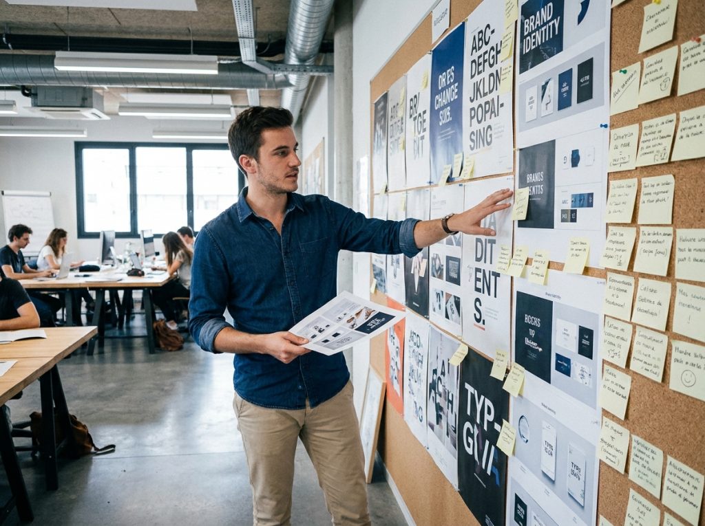 Étudiant en graphisme à Montpellier présentant ses projets typographiques sur un mur d'affichage dans une école de design