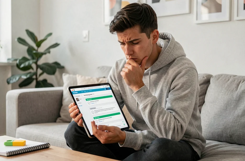 Jeune homme étudiant en soins infirmiers qui utilise une tablette pour s'entraîner aux questions du concours infirmier depuis chez lui