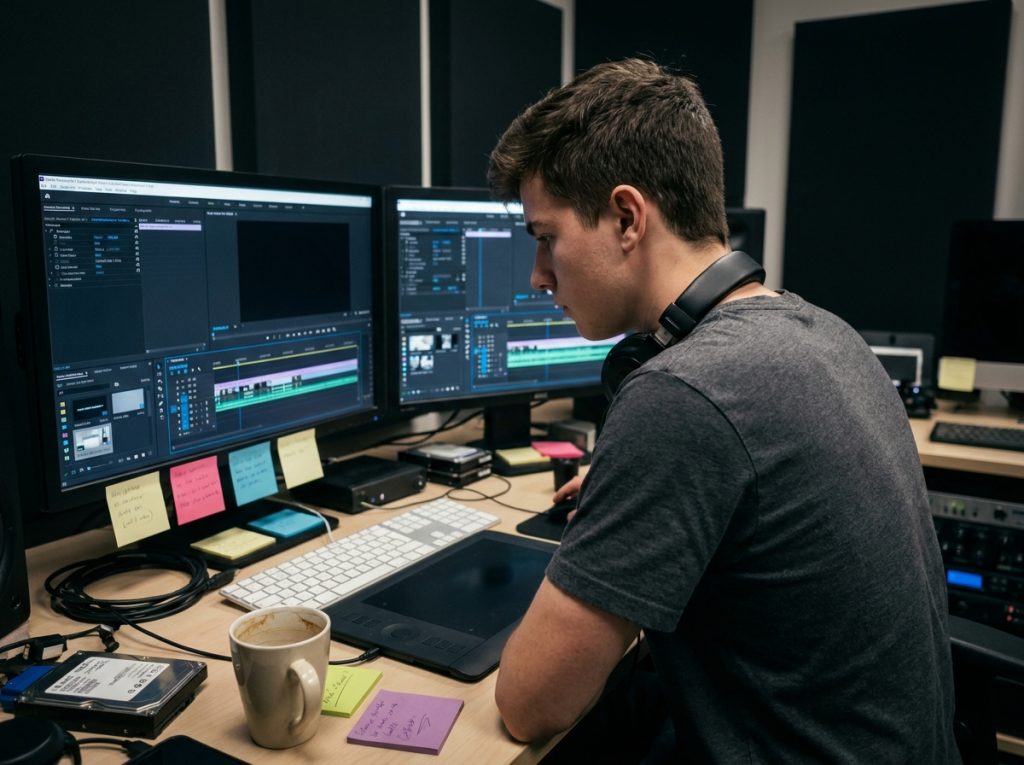 Étudiant en audiovisuel concentré sur un poste de montage vidéo professionnel dans une salle de post-production scolaire