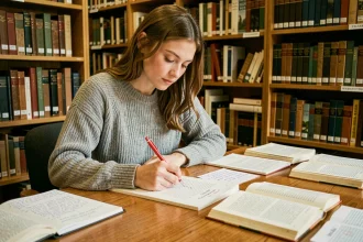 Étudiante annotant un essai avec des connecteurs logiques dans une bibliothèque universitaire