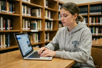 Étudiante connectée à une plateforme Moodle sur son ordinateur portable dans une bibliothèque universitaire