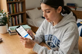 Jeune femme consultant son espace candidat Cyclades sur smartphone depuis sa chambre d'étudiante
