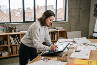 Étudiante en école de graphisme à Toulouse travaillant sur une tablette graphique dans un atelier créatif moderne