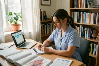 Étudiante infirmière qui révise sur son ordinateur portable avec des livres de médecine pour préparer un concours infirmier