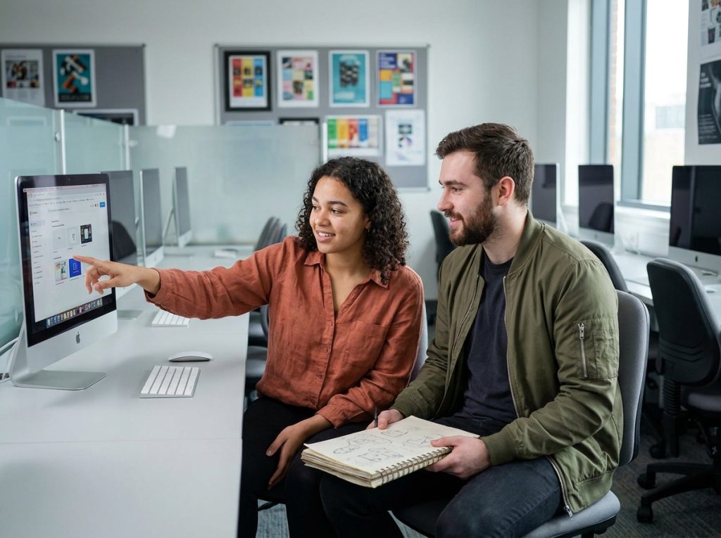 Deux étudiants en école de graphisme collaborant sur un projet de design sur ordinateur dans une salle informatique moderne