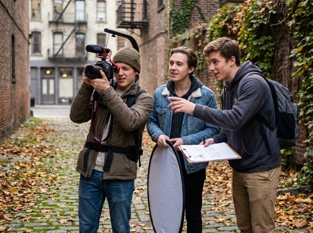 Groupe d'étudiants en école d'audiovisuel tournant un court-métrage en extérieur dans une cour urbaine