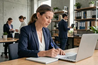 Femme en formation continue prenant des notes sur son ordinateur portable dans un bureau moderne en open space