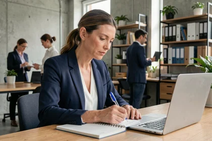 Femme en formation continue prenant des notes sur son ordinateur portable dans un bureau moderne en open space
