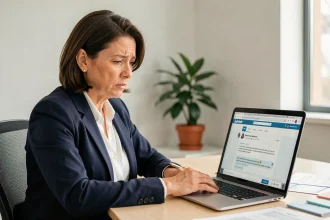 Femme professionnelle analysant son profil LinkedIn sur un ordinateur portable dans un bureau moderne, illustrant les erreurs de prospection à éviter