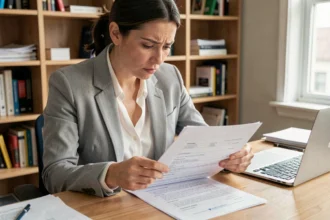 Femme consultant un récapitulatif de candidature signé posé sur un bureau en bois dans un bureau à domicile moderne