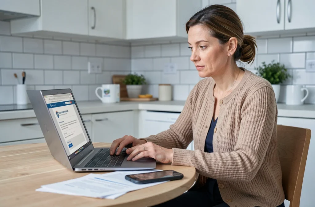 Femme récupérant un récapitulatif de candidature en ligne sur un site officiel depuis sa cuisine avec un ordinateur portable