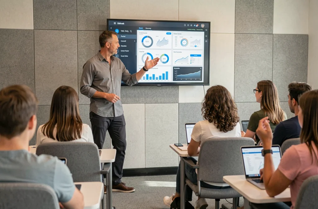 Formateur professionnel animant une session de développement des compétences devant un groupe de collaborateurs en salle de formation