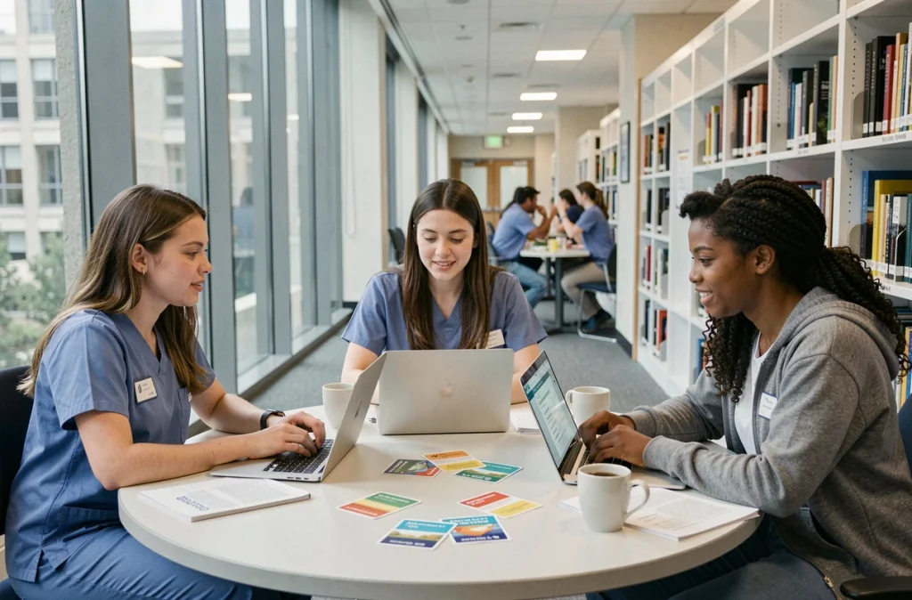 Groupe d'étudiants en soins infirmiers qui travaillent ensemble sur des exercices de préparation au concours infirmier dans une bibliothèque universitaire