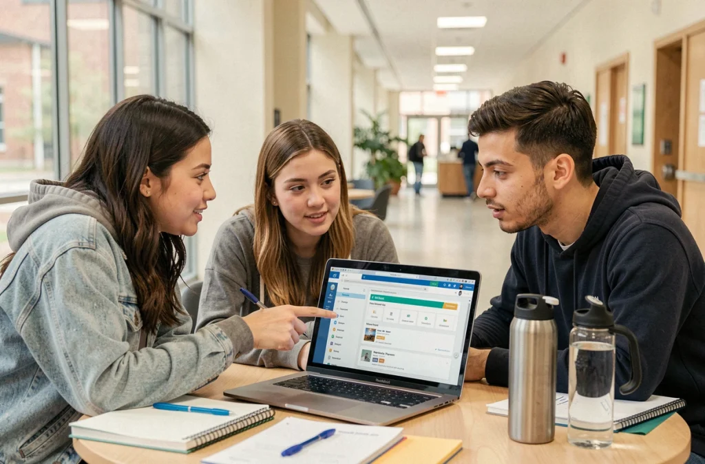 Groupe d'étudiants consultant ensemble une plateforme Moodle sur un campus universitaire