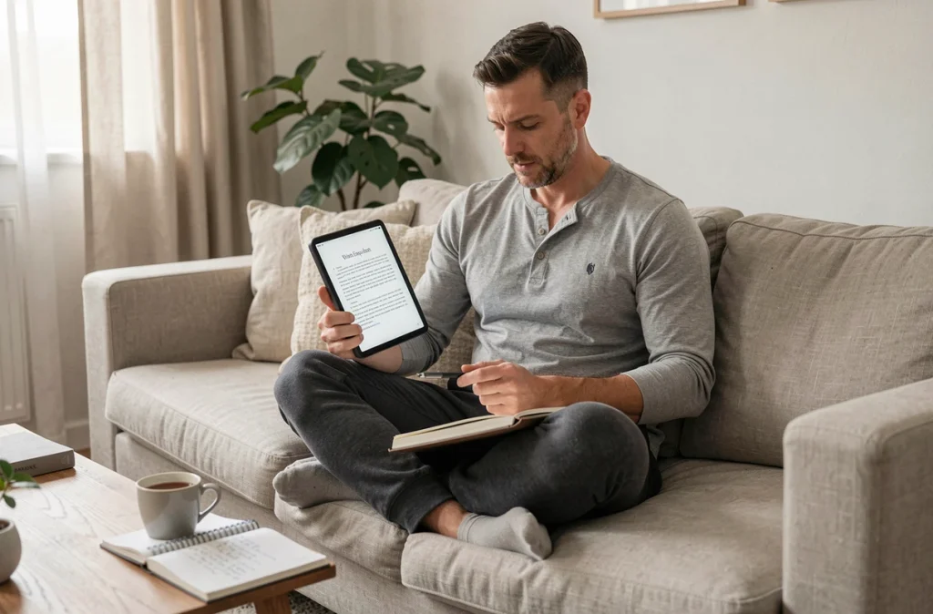 Homme consultant un PDF d'exercices d'écriture sur tablette avec un carnet de notes ouvert lors de sa routine matinale
