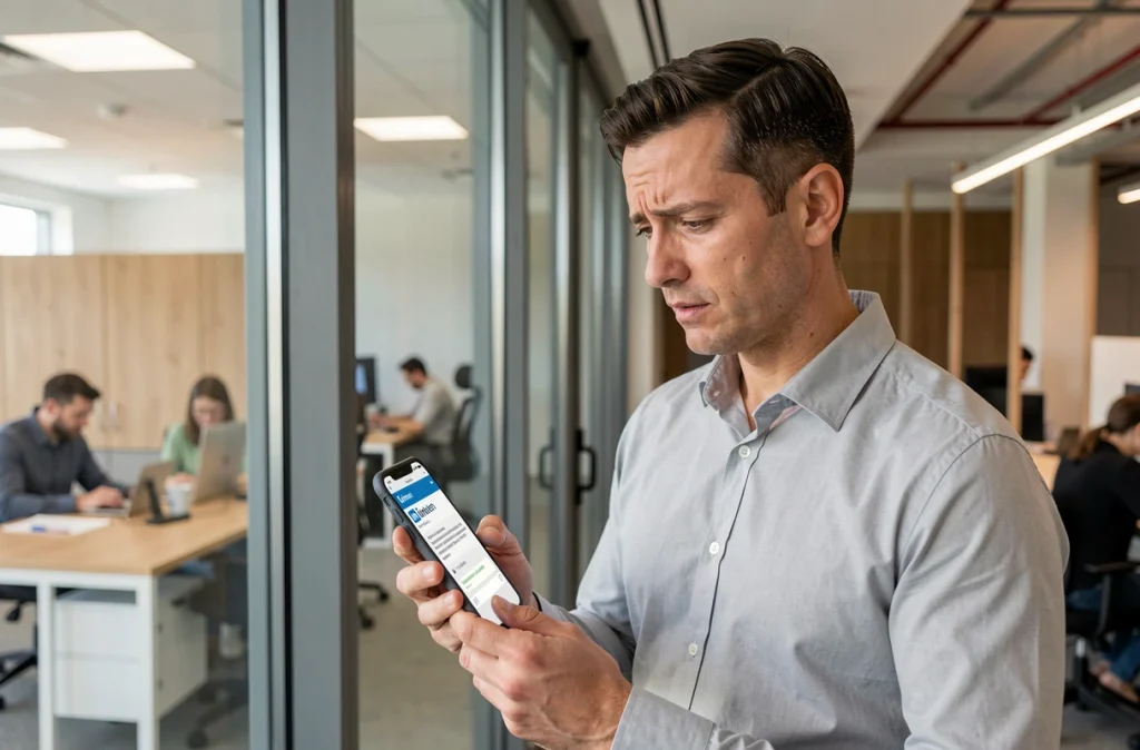 Homme consultant LinkedIn sur son smartphone dans un espace de coworking, représentant les défis de la prospection commerciale en ligne