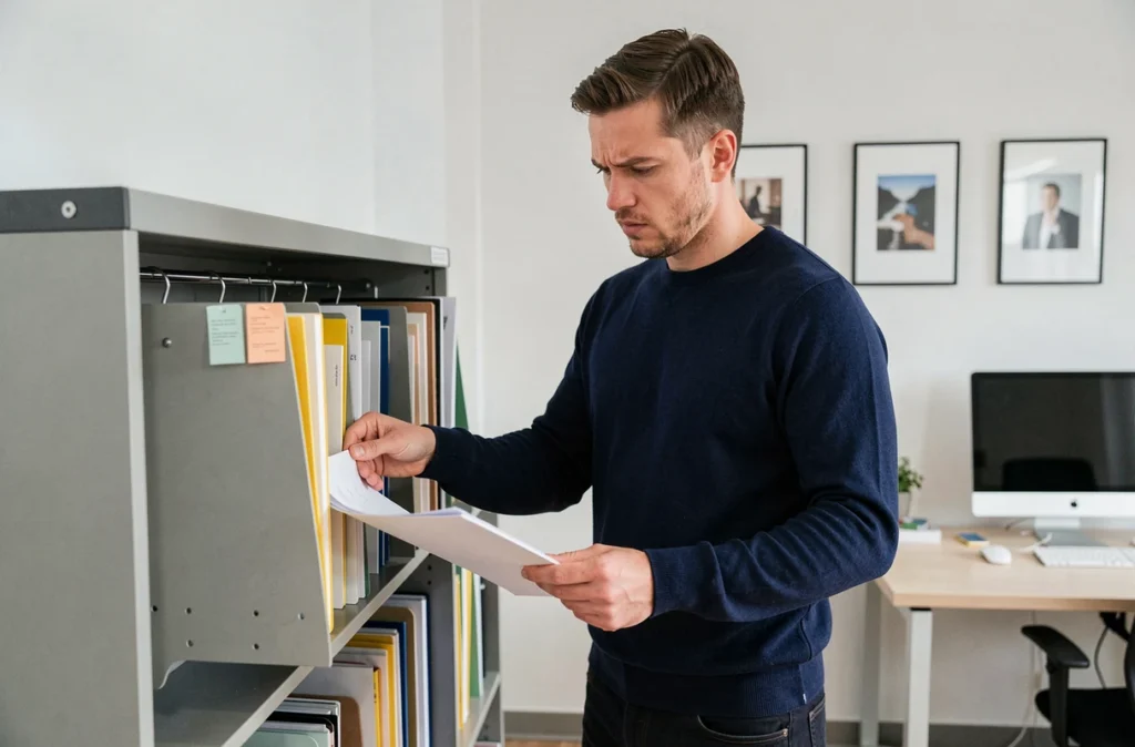 Homme recherchant un document administratif signé dans un classeur dans un bureau professionnel minimaliste