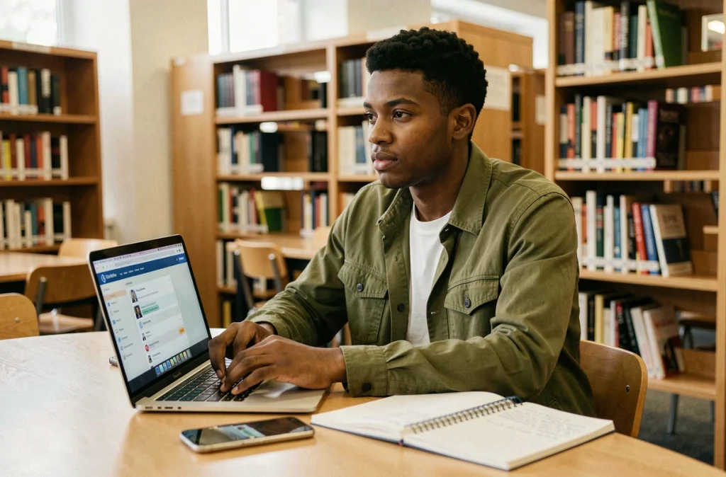 Étudiant ingénieur admis sur titre gérant son inscription en ligne sur le portail de l'ENSAM depuis une bibliothèque universitaire