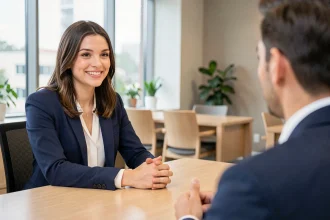 Jeune femme souriante en entretien d'embauche sans diplôme dans un bureau moderne et accueillant