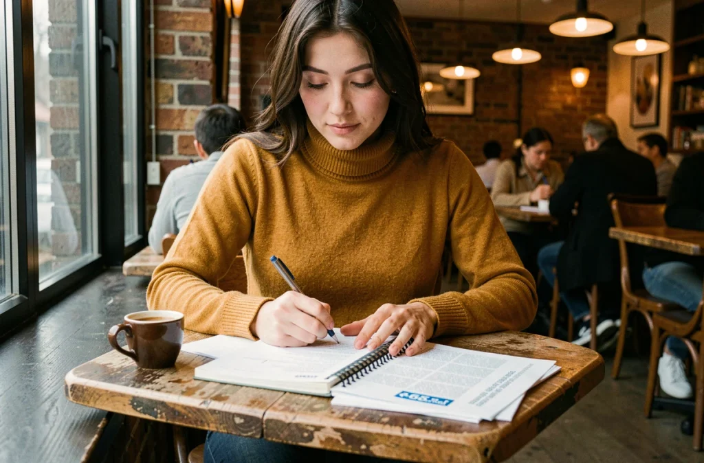 Jeune femme travaillant sur ses exercices d'écriture quotidiens dans un café le matin avec des fiches PDF imprimées