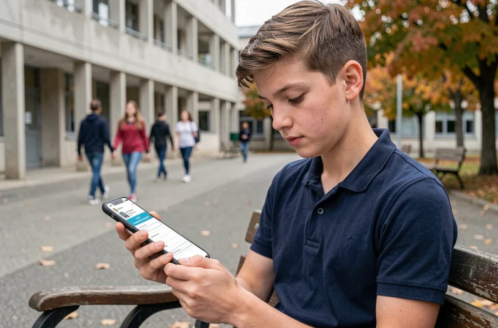 Lycéen consultant l'espace candidat Cyclades depuis son téléphone dans une cour d'école