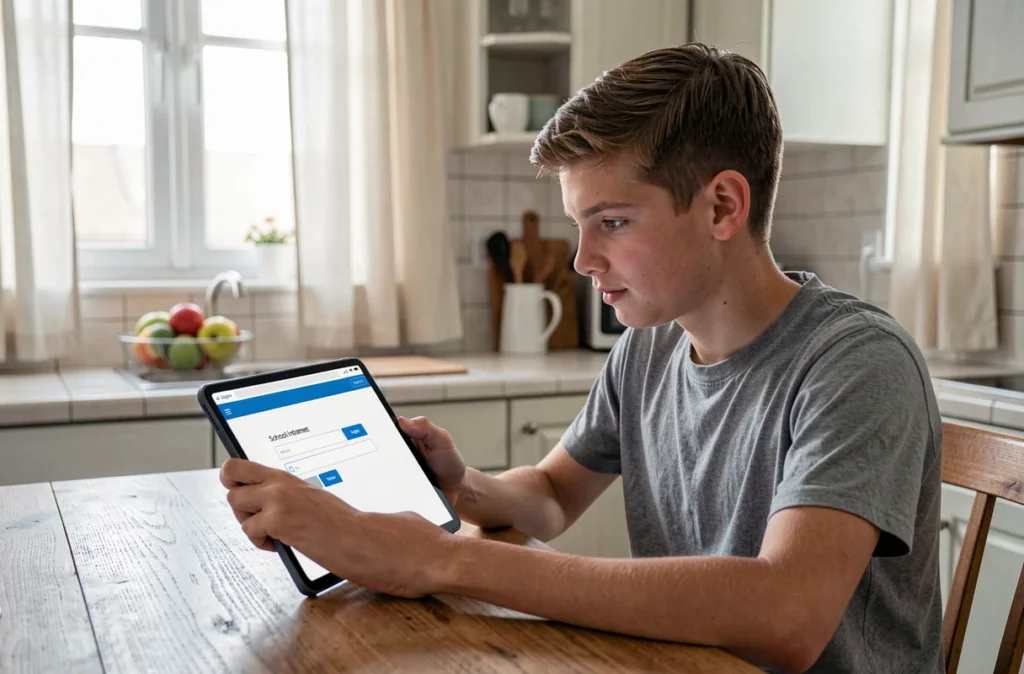 Lycéen accédant à l'espace numérique scolaire PSN depuis la cuisine familiale sur une tablette