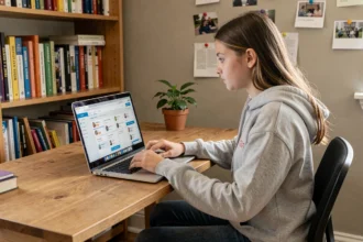 Lycéenne connectée au portail PSN Mon Lycée depuis son domicile sur un ordinateur portable