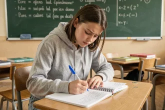 Lycéenne concentrée sur un exercice de ponctuation dans un cahier en classe