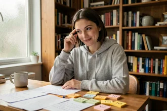 Jeune femme étudiant les décimales de Pi avec des fiches de mémorisation sur un bureau en bois