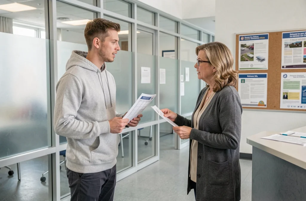Étudiant admis sur titre en discussion avec un agent administratif au guichet d'accueil d'une école d'ingénieurs