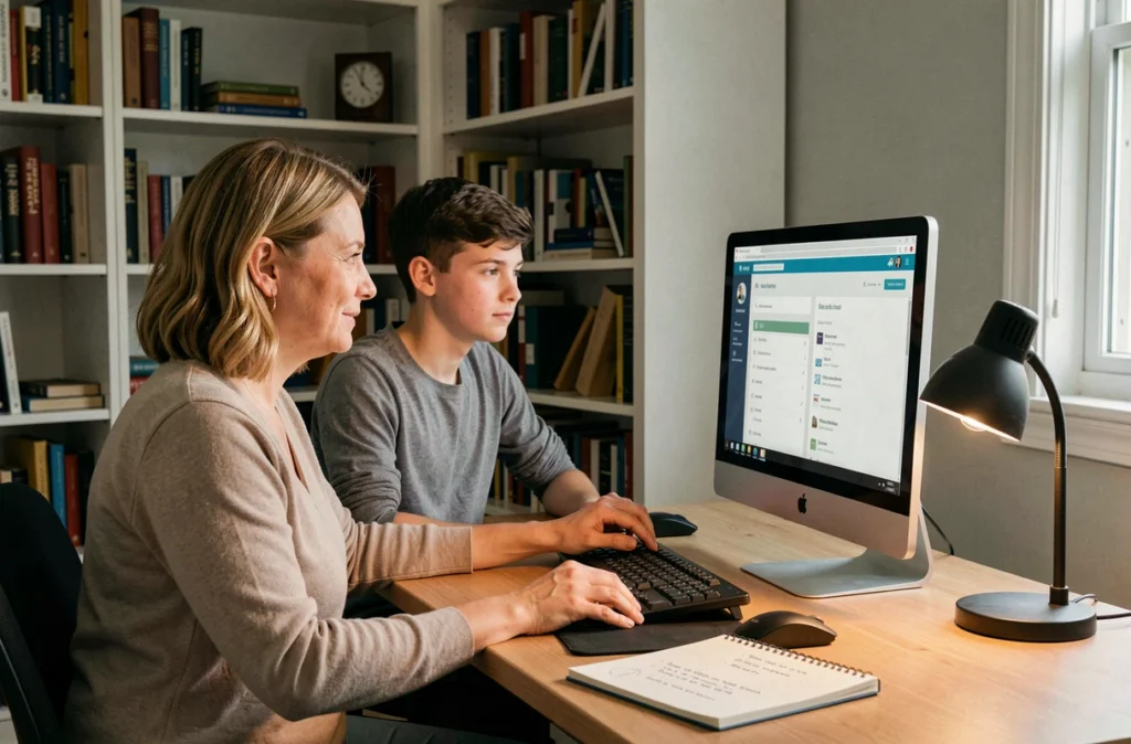 Parent aidant un lycéen à se connecter à PSN Mon Lycée depuis un bureau à domicile