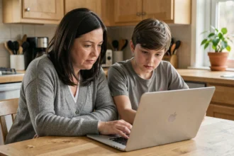 Une mère et son fils adolescent consultent ensemble la plateforme Paris Classe Numérique sur un ordinateur portable dans leur cuisine