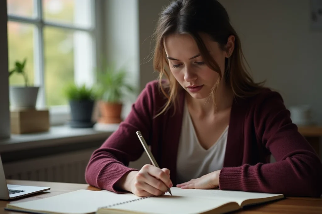 Femme au regard vague devant une feuille couverte de mots abstraits sans scène concrète ni image poétique précise
