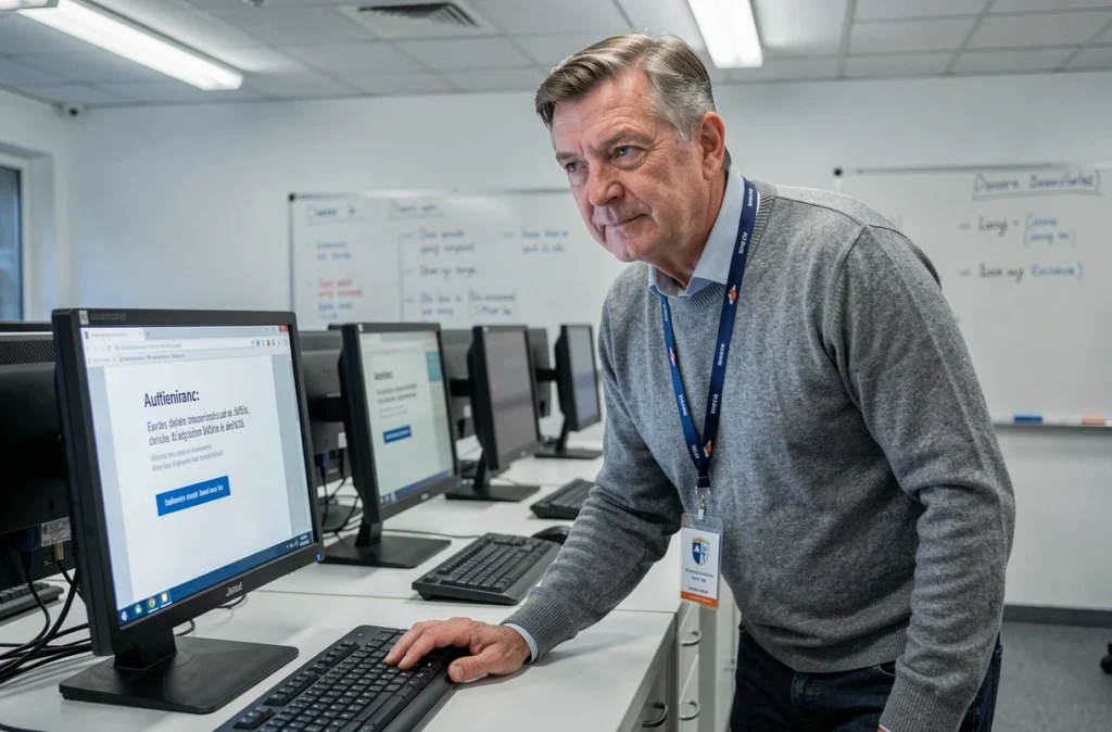 Professeur face à un message d'erreur de connexion sur le portail académique de Versailles dans une salle informatique