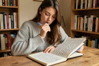 Jeune femme qui révise la conjugaison des verbes du deuxième groupe dans un cahier manuscrit, assise à un bureau en bois dans un espace étude cosy